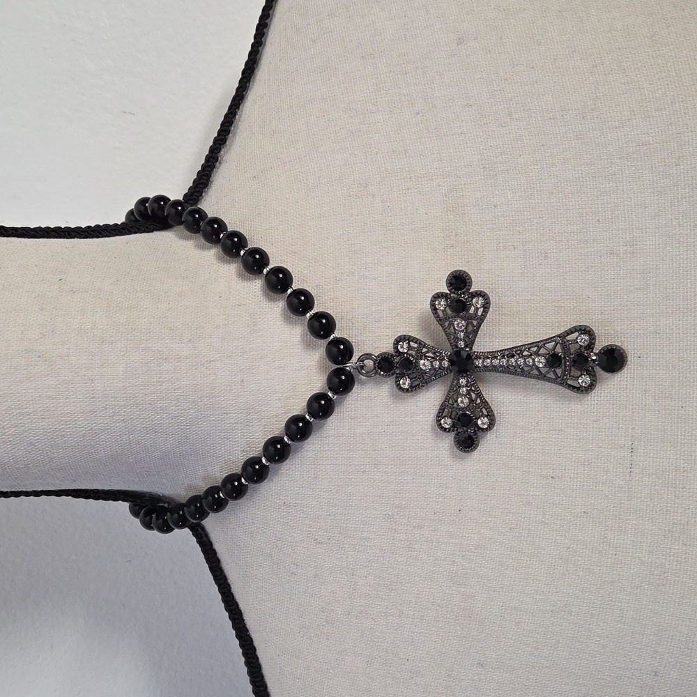 Black Beaded Cross Necklace